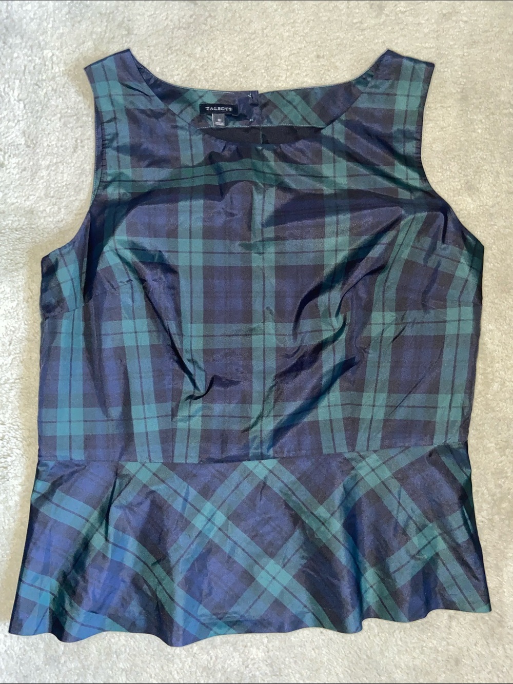 Talbots Navy and Green Plaid Peplum Shell NWOT